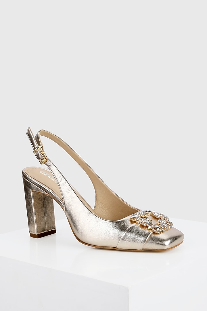 Gold Genuine Leather Square-Toe Heels by Oroh at Pernia's Pop Up Shop
