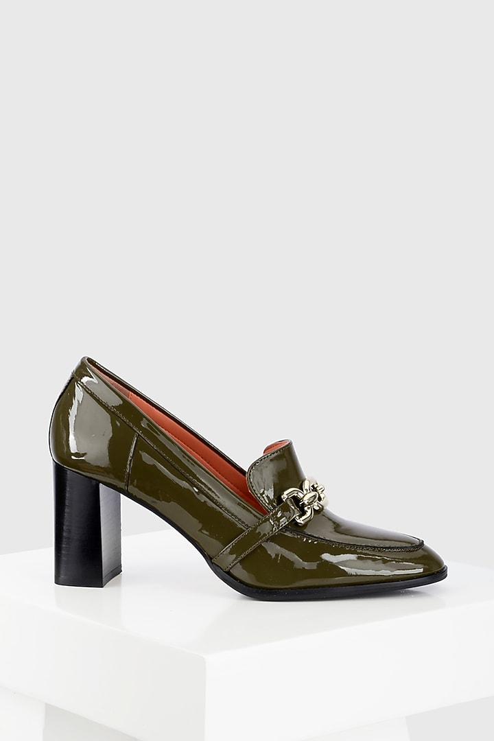 Green Genuine Leather Block Heels by Oroh at Pernia's Pop Up Shop