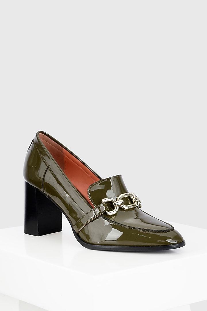 Green Genuine Leather Block Heels by Oroh at Pernia's Pop Up Shop