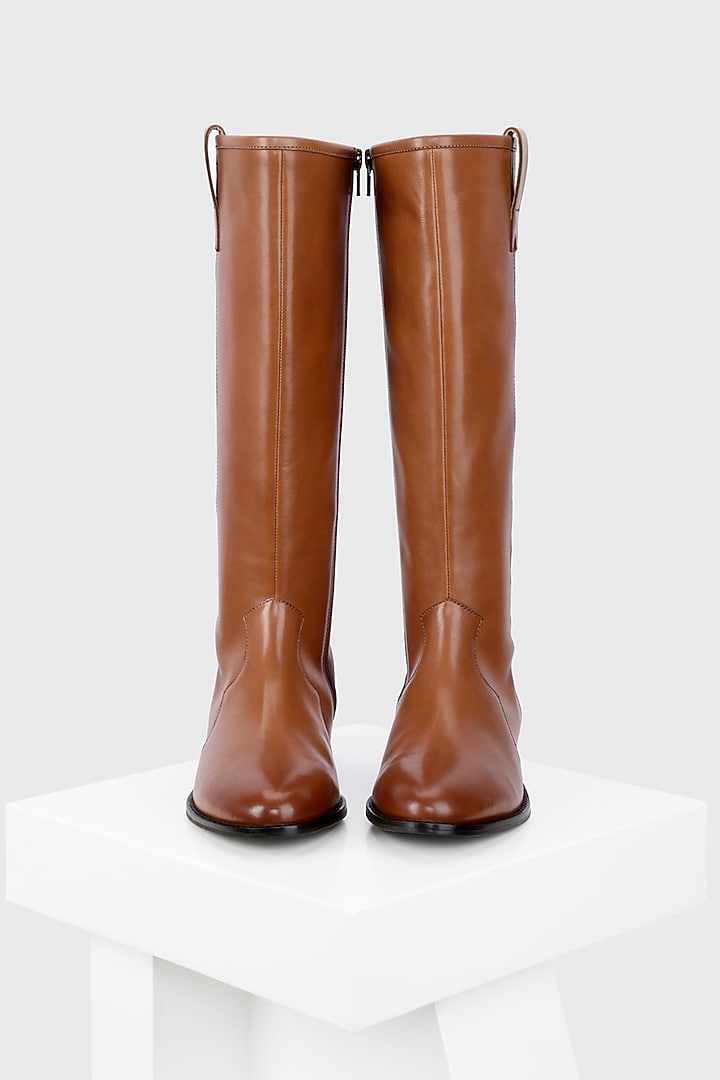 Tan Genuine Leather Long Boots by Oroh at Pernia's Pop Up Shop