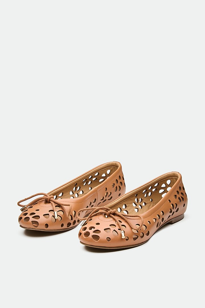 Tan Genuine Leather Floral Ballerina Flats by Oroh at Pernia's Pop Up Shop