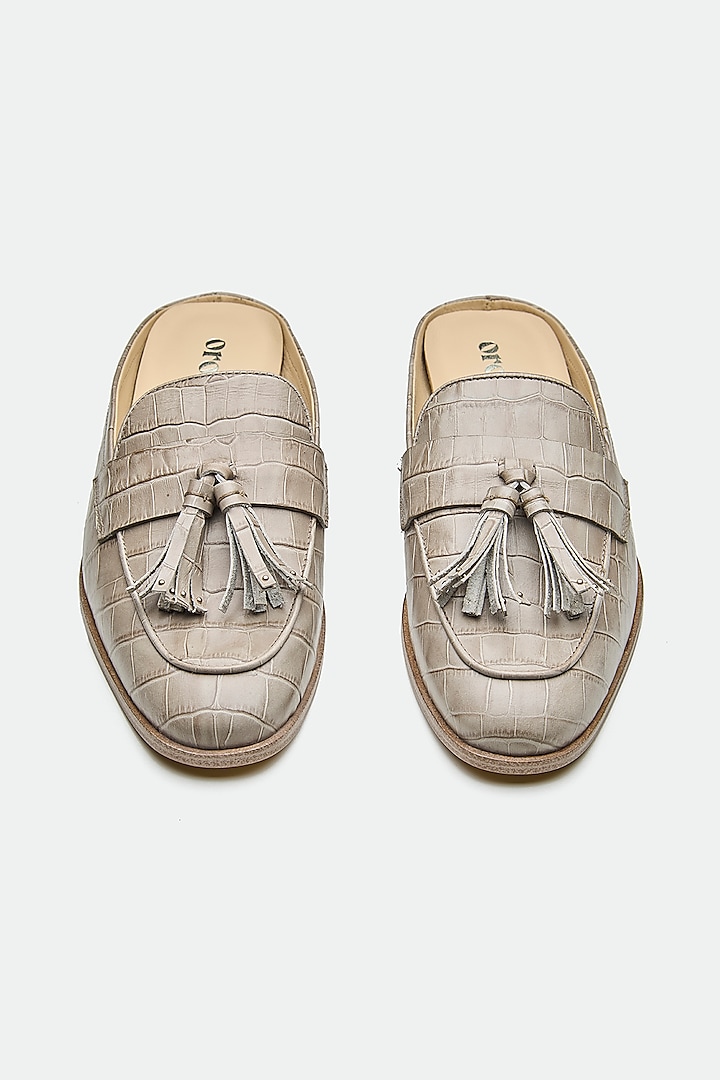 Grey Genuine Leather Textured Slip-On Mules by Oroh at Pernia's Pop Up Shop