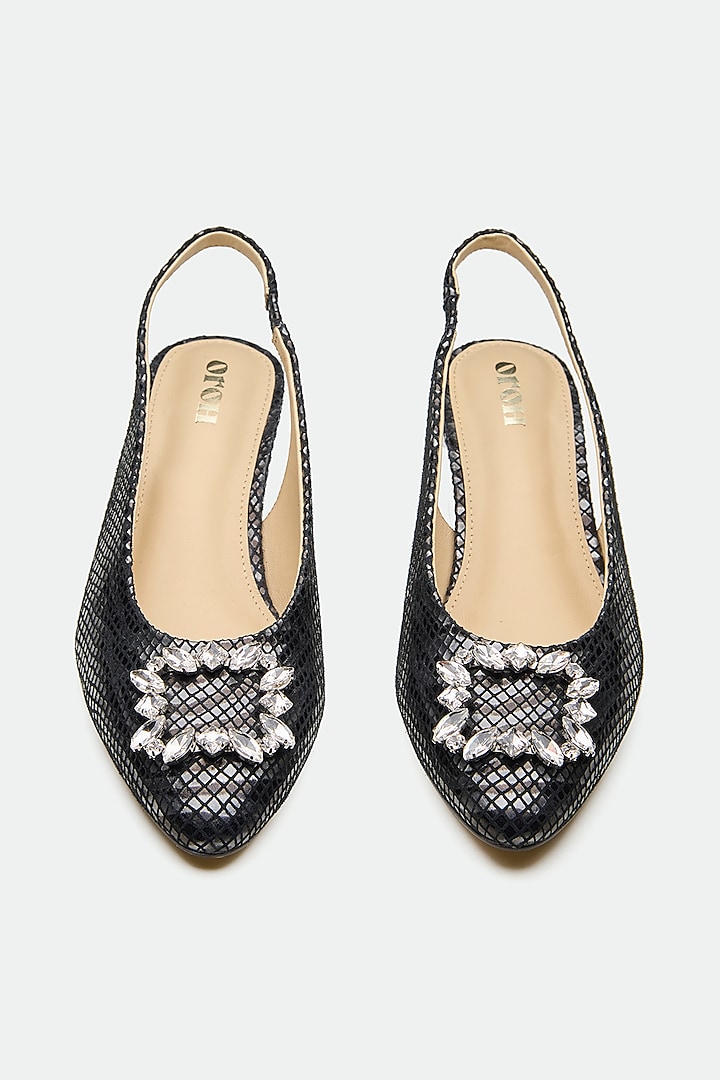 Black Full-Grain Leather Embellished Slingback Heels by Oroh at Pernia's Pop Up Shop