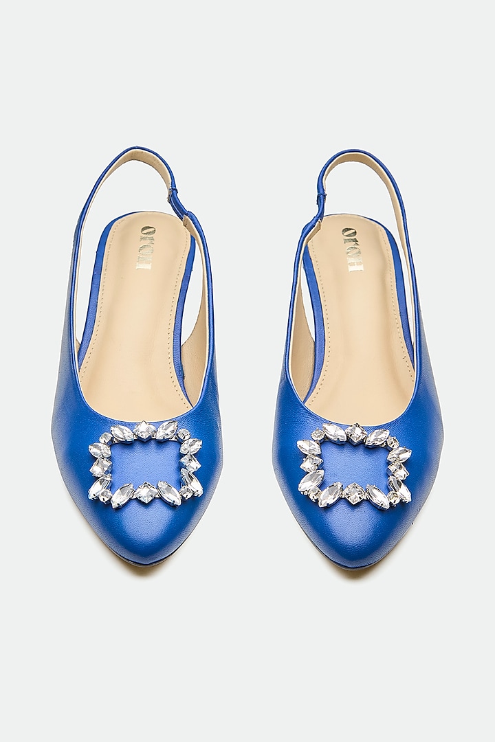 Blue Full-Grain Leather Embellished Slingback Heels by Oroh at Pernia's Pop Up Shop