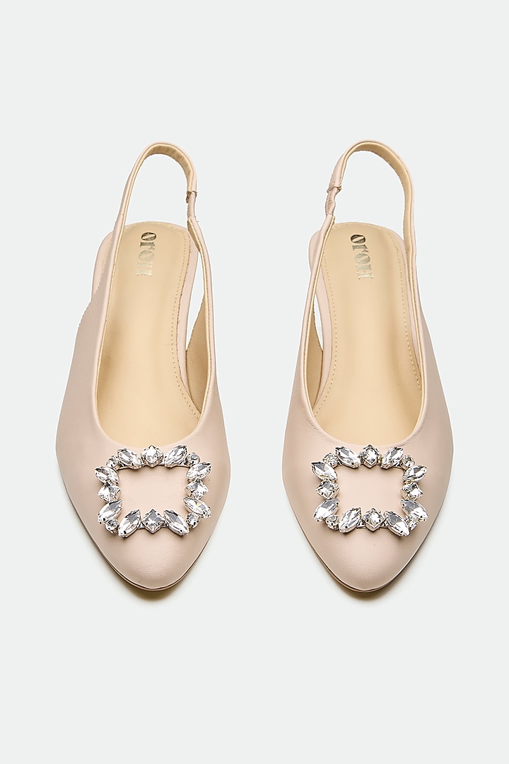 Nude Full-Grain Leather Stone Embellished Slingback Kitten Heels by Oroh at Pernia's Pop Up Shop