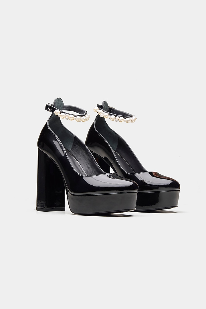 Black Genuine Leather Pearl Block Heels by Oroh at Pernia's Pop Up Shop