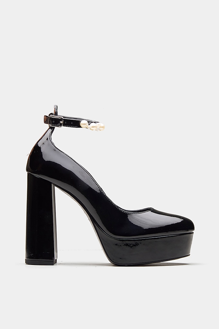 Black Genuine Leather Pearl Block Heels by Oroh at Pernia's Pop Up Shop