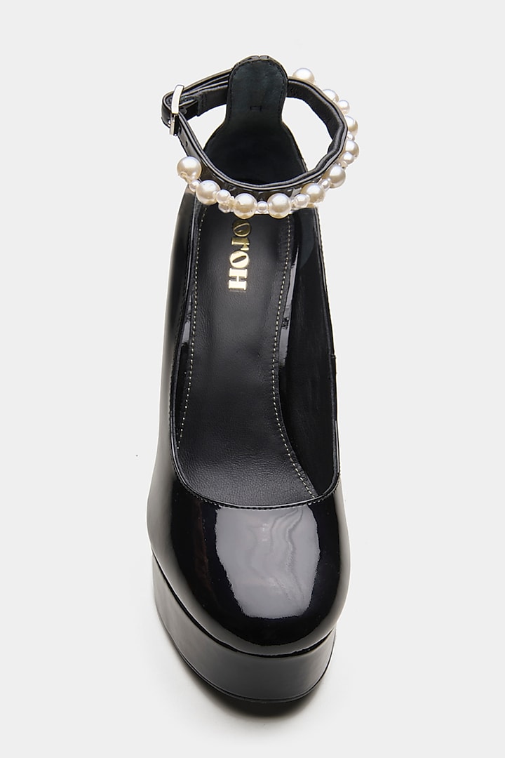 Black Genuine Leather Pearl Block Heels by Oroh at Pernia's Pop Up Shop