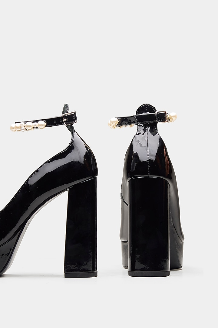 Black Genuine Leather Pearl Block Heels by Oroh at Pernia's Pop Up Shop