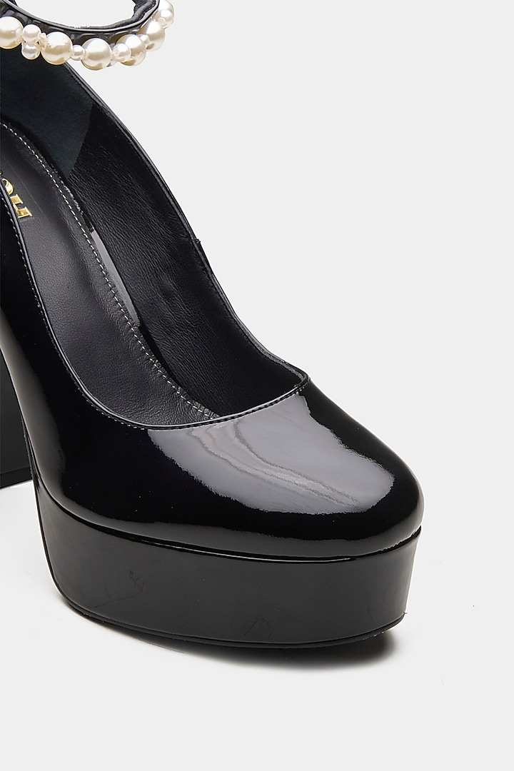 Black Genuine Leather Pearl Block Heels by Oroh at Pernia's Pop Up Shop
