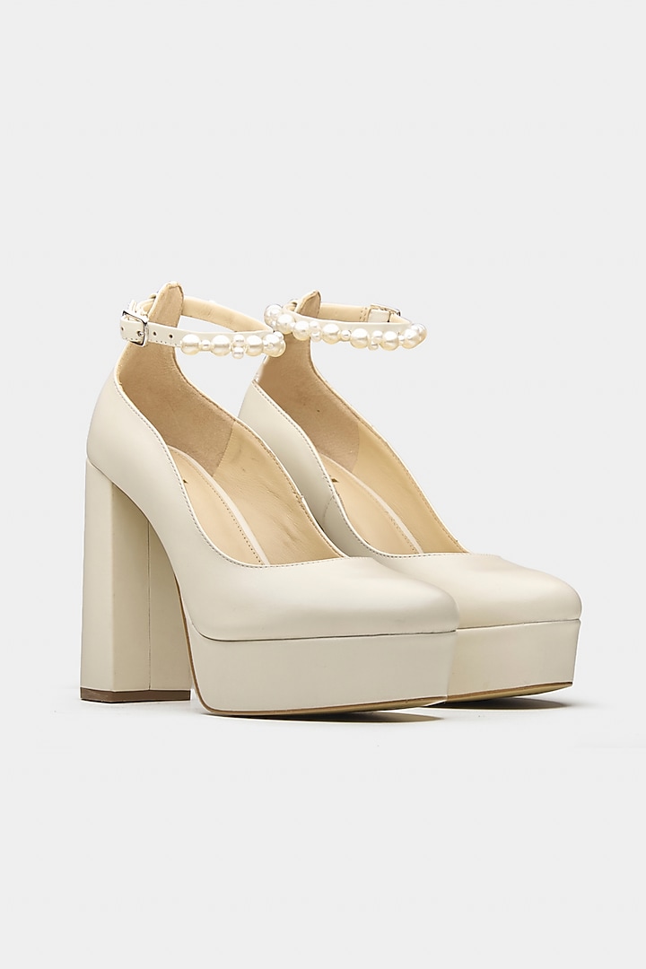 White Genuine Leather Pearl Block Heels by Oroh at Pernia's Pop Up Shop