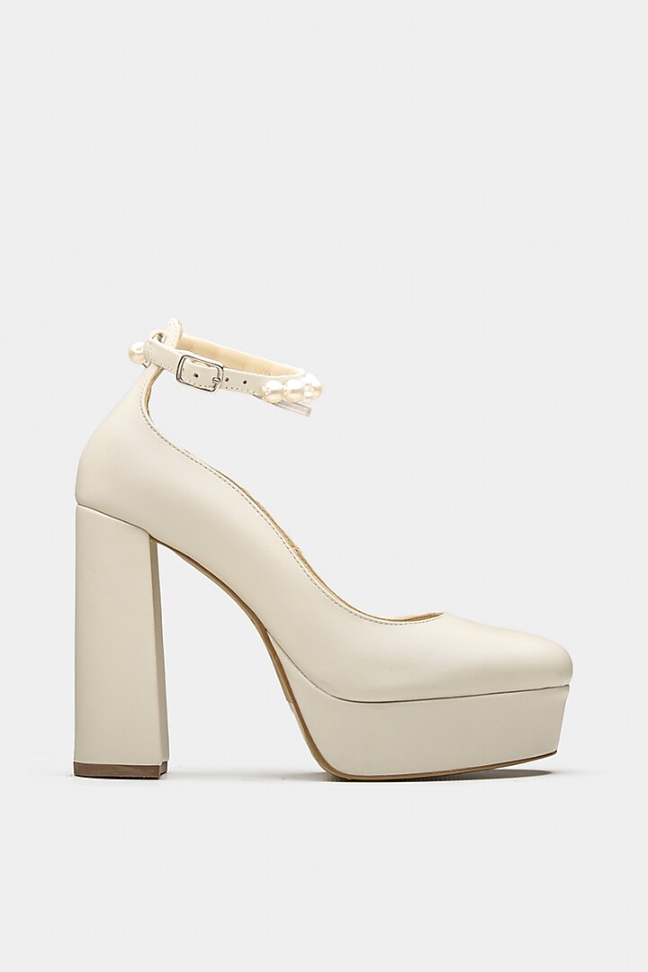 White Genuine Leather Pearl Block Heels by Oroh at Pernia's Pop Up Shop