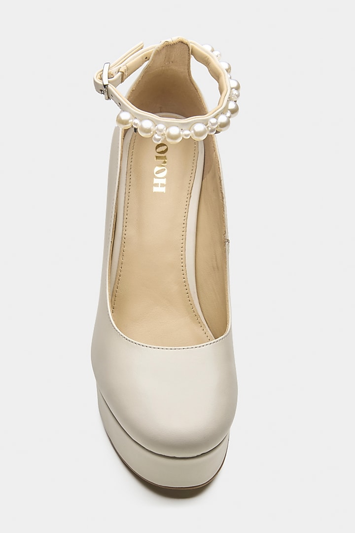 White Genuine Leather Pearl Block Heels by Oroh at Pernia's Pop Up Shop