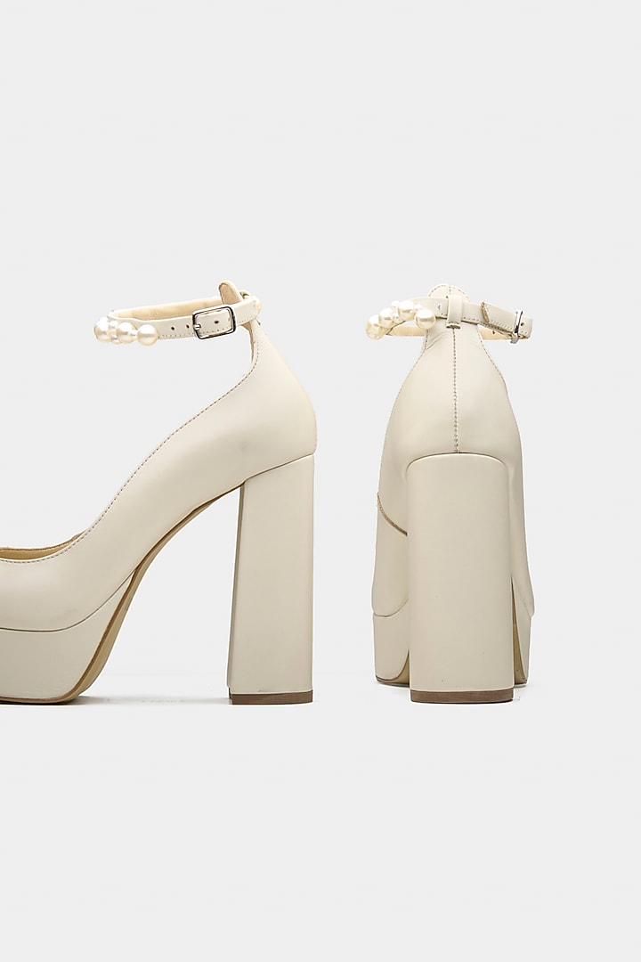 White Genuine Leather Pearl Block Heels by Oroh at Pernia's Pop Up Shop