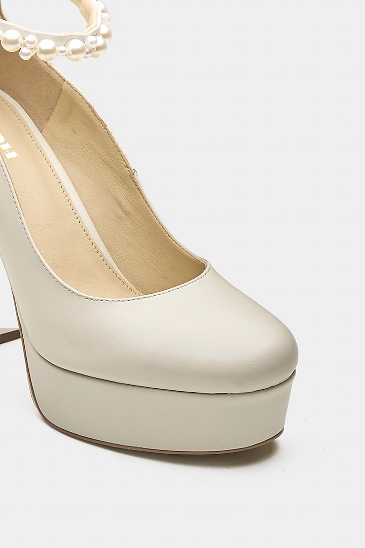 White Genuine Leather Pearl Block Heels by Oroh at Pernia's Pop Up Shop