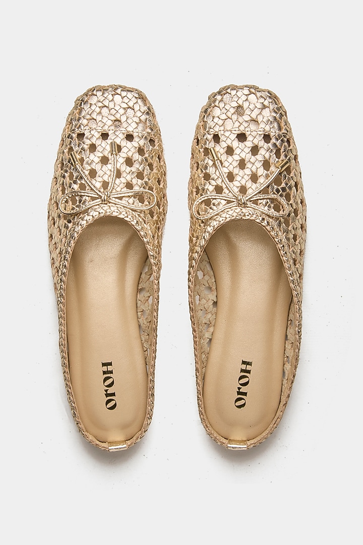 Gold Genuine Leather Hand-Woven Ballerina Flats by Oroh at Pernia's Pop Up Shop