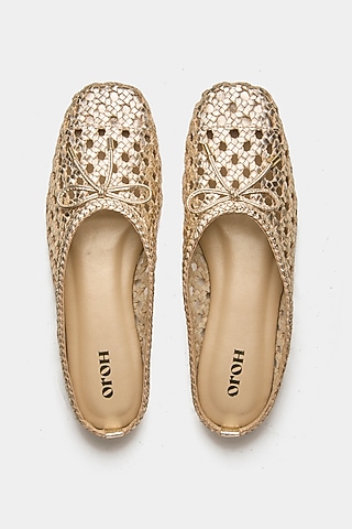 Gold Genuine Leather Hand-Woven Ballerina Flats by Oroh