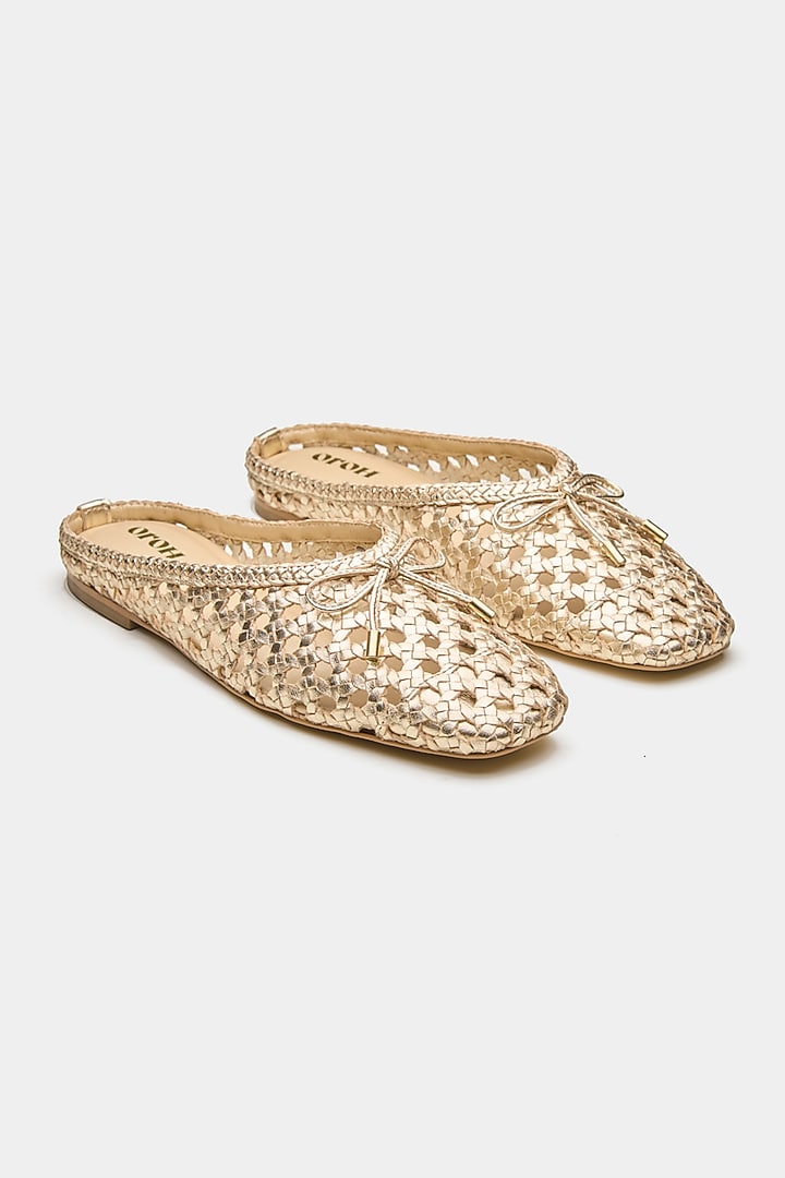 Gold Genuine Leather Hand-Woven Ballerina Flats by Oroh at Pernia's Pop Up Shop