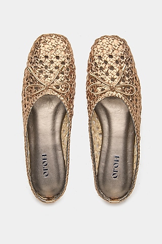 Bronze Genuine Leather Hand-Woven Ballerina Flats by Oroh