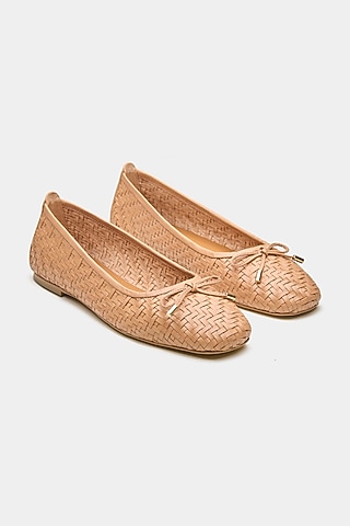 Nude Genuine Leather Hand Woven Ballerina Flats by Oroh