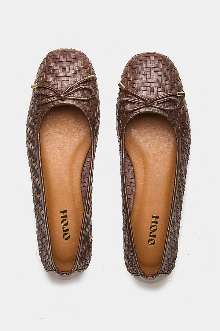 Brown Genuine Leather Hand Woven Ballerina Flats by Oroh at Pernia's Pop Up Shop