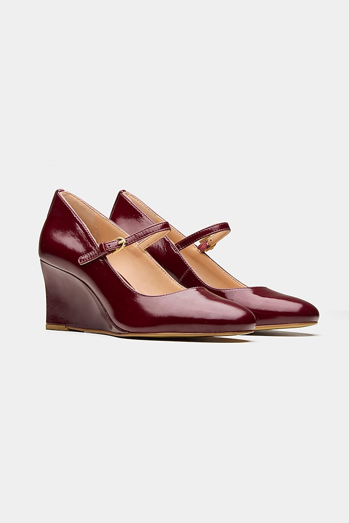 Maroon Genuine Leather Square-Toe Pump Wedges by Oroh at Pernia's Pop Up Shop