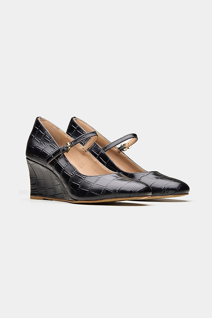 Black Genuine Leather Square-Toe Pump Wedges by Oroh at Pernia's Pop Up Shop