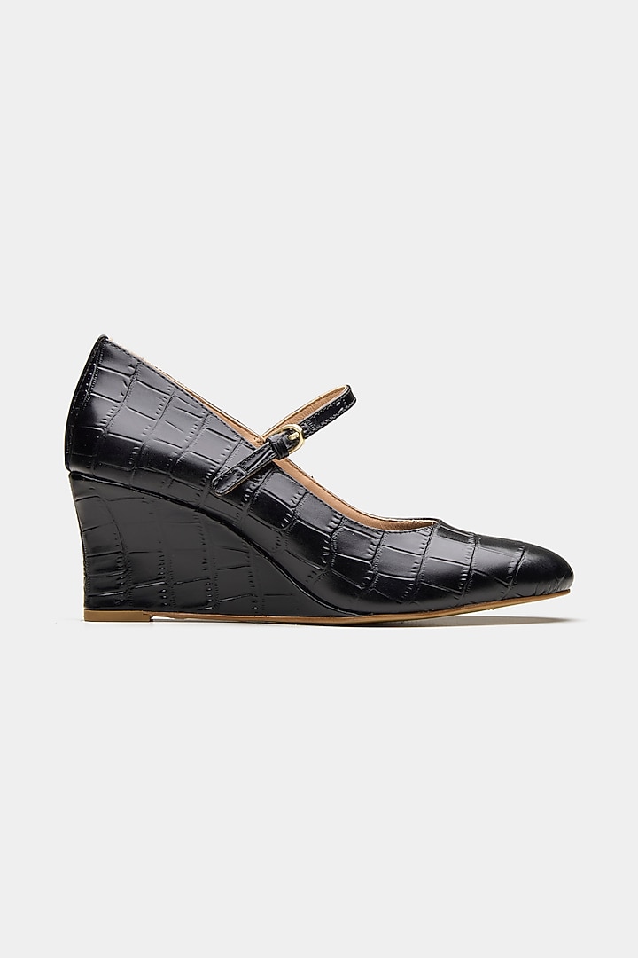 Black Genuine Leather Square-Toe Pump Wedges by Oroh at Pernia's Pop Up Shop