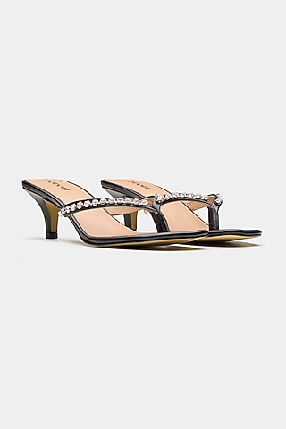 Black Genuine Leather Swarovski Crystal Embellished Heels by Oroh