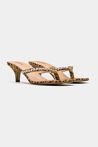 Tan Genuine Leather Swarovski Crystal Embellished Heels by Oroh