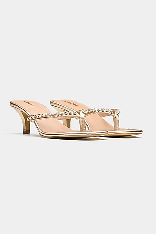 Gold Genuine Leather Swarovski Crystal Embellished Heels by Oroh