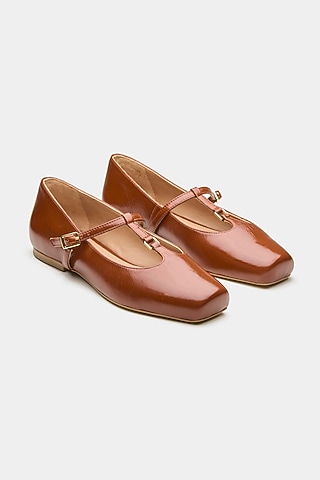 Tan Genuine Leather Snake Printed Ballerina Flats by Oroh
