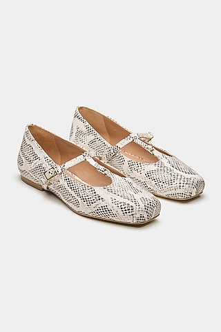 White Genuine Leather Snake Printed Ballerina Flats by Oroh