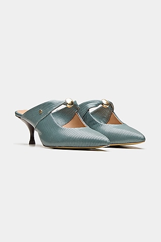 Green Genuine Leather Leopard Printed Heels by Oroh