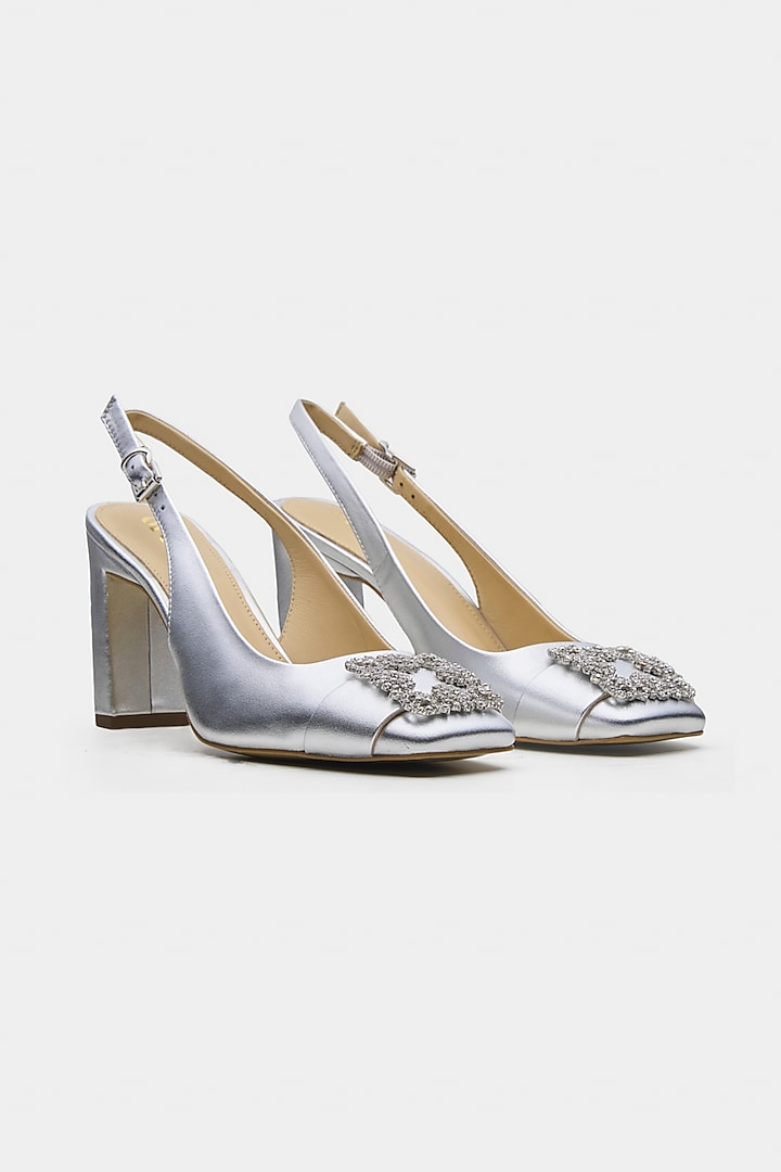 Silver Genuine Leather Heels by Oroh at Pernia's Pop Up Shop