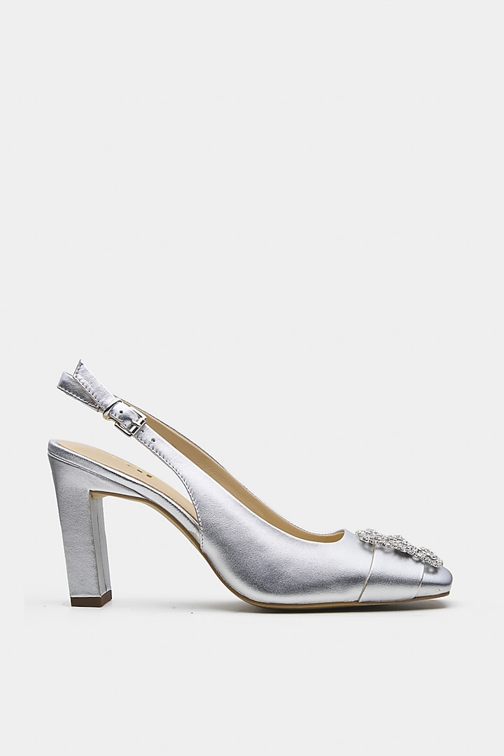 Silver Genuine Leather Heels by Oroh at Pernia's Pop Up Shop