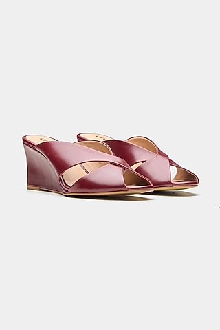 Maroon Genuine Leather Criss-Cross Wedges by Oroh