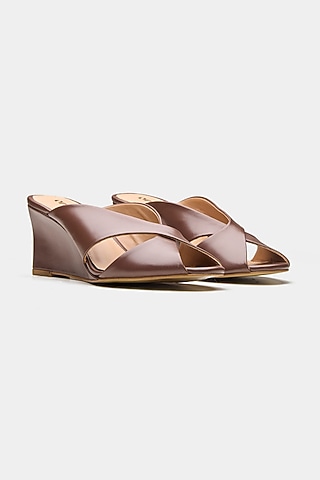 Brown Genuine Leather Criss-Cross Wedges by Oroh