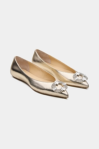 Gold Genuine Leather Flats by Oroh