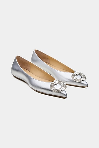 Silver Genuine Leather Flats by Oroh