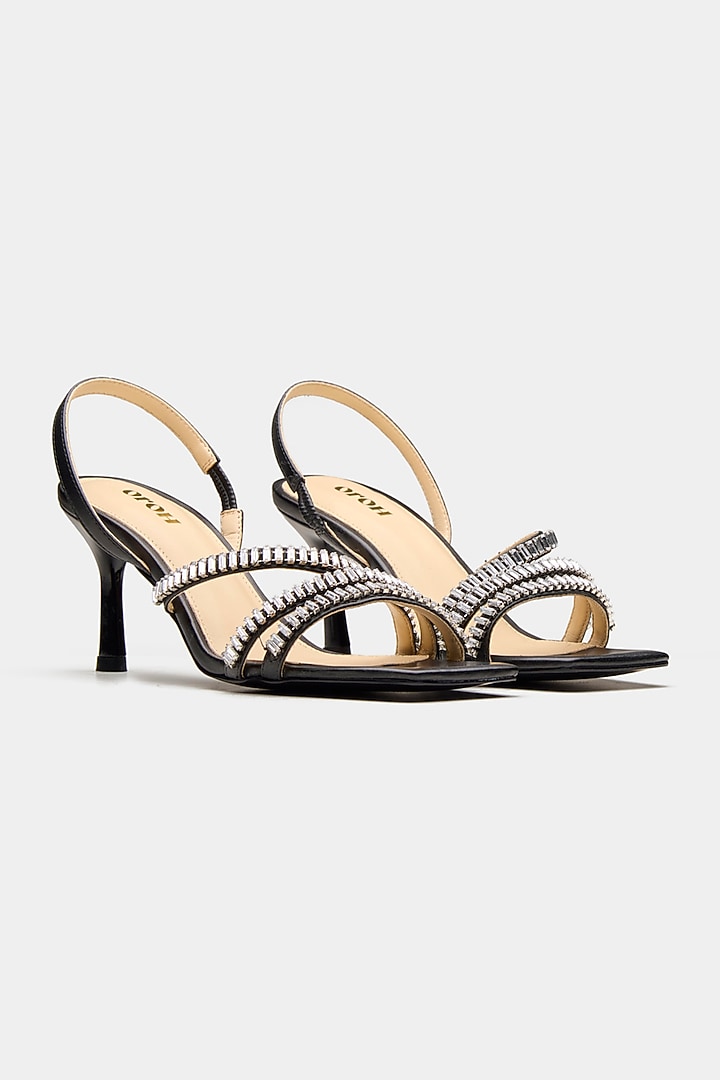 Black Genuine Leather Rhinestone Embellished Heels by Oroh at Pernia's Pop Up Shop
