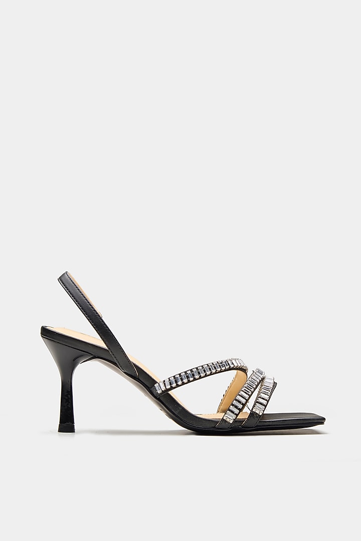 Black Genuine Leather Rhinestone Embellished Heels by Oroh at Pernia's Pop Up Shop