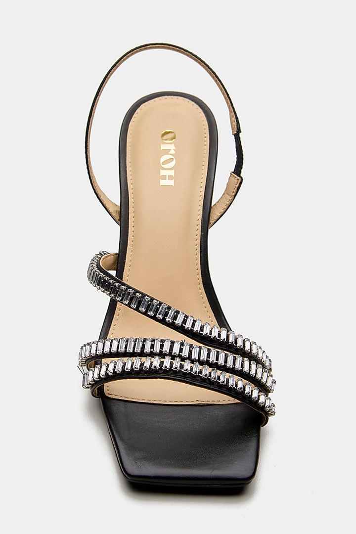 Black Genuine Leather Rhinestone Embellished Heels by Oroh at Pernia's Pop Up Shop