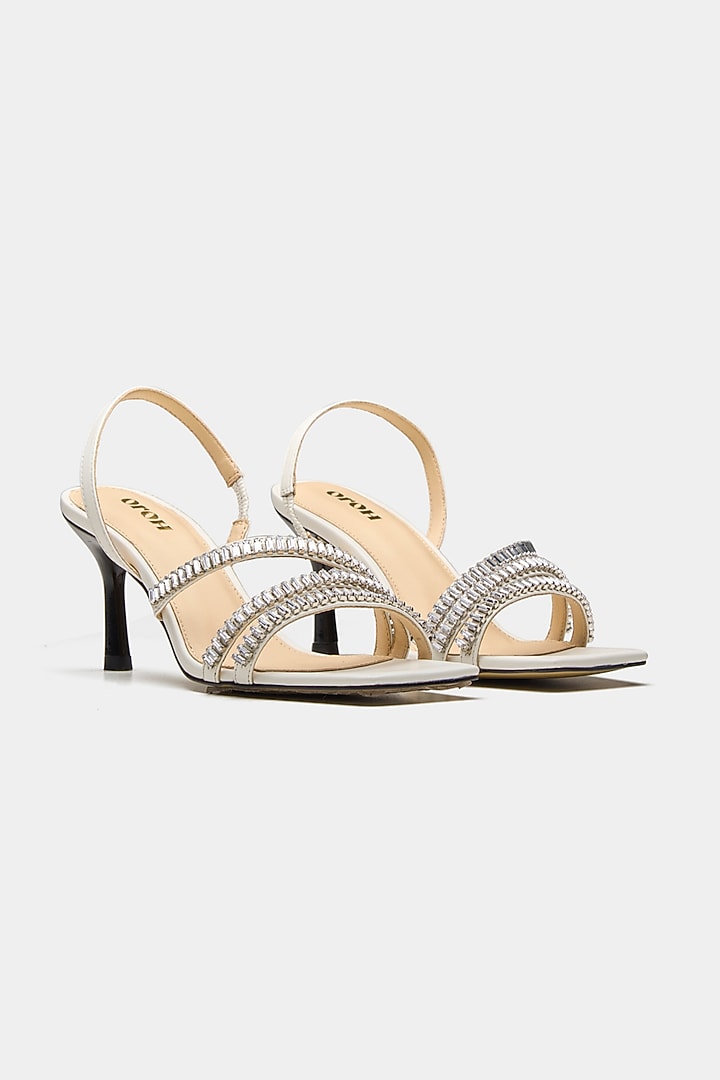 White Genuine Leather Rhinestone Embellished Heels by Oroh at Pernia's Pop Up Shop