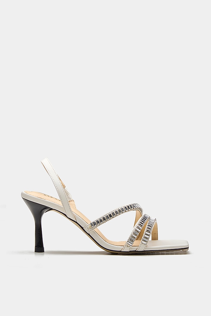 White Genuine Leather Rhinestone Embellished Heels by Oroh at Pernia's Pop Up Shop
