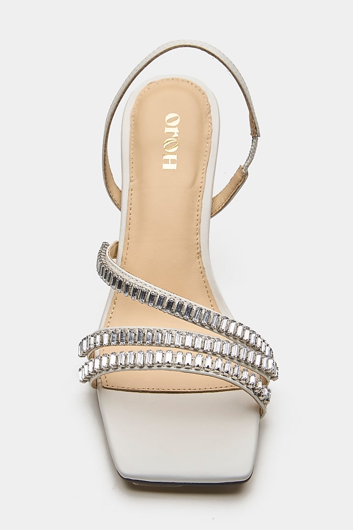 White Genuine Leather Rhinestone Embellished Heels by Oroh at Pernia's Pop Up Shop