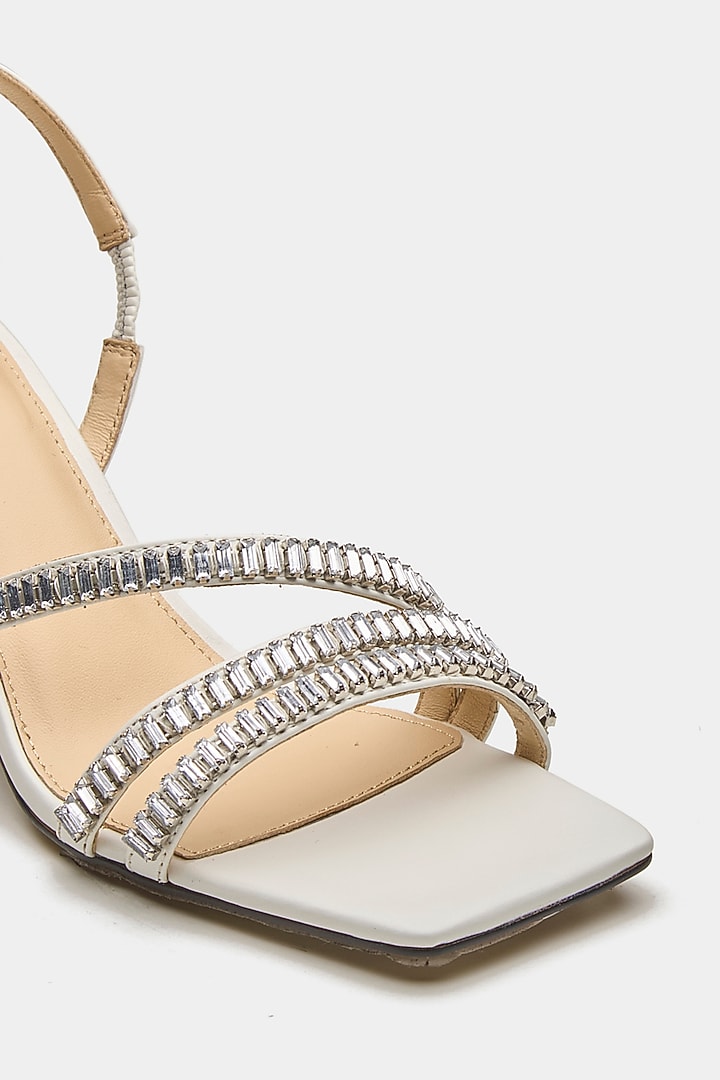 White Genuine Leather Rhinestone Embellished Heels by Oroh at Pernia's Pop Up Shop