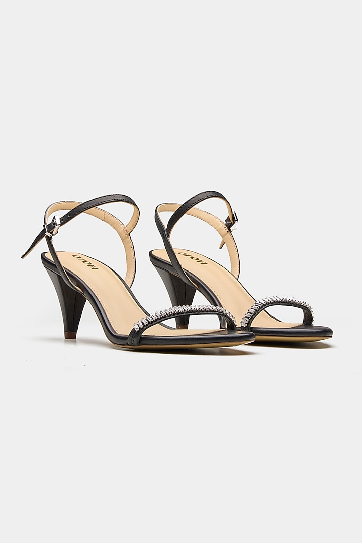 Black Genuine Leather Rhinestone Embellished Heels by Oroh at Pernia's Pop Up Shop