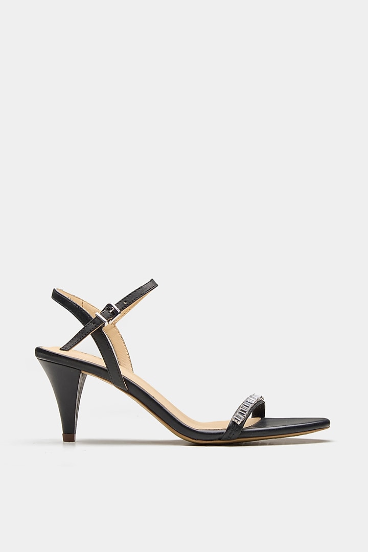 Black Genuine Leather Rhinestone Embellished Heels by Oroh at Pernia's Pop Up Shop