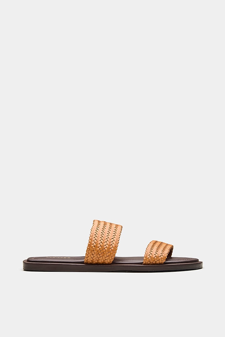 Tan Genuine Leather Open-Toe Flats by Oroh at Pernia's Pop Up Shop